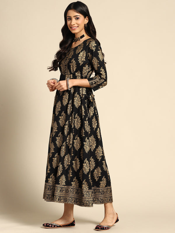 Black Printed Rayon Dress