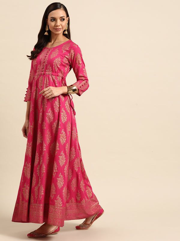Magenta Printed Rayon Dress