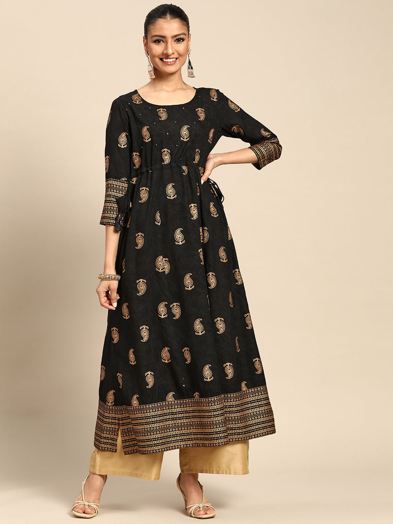 Black Printed Rayon Kurta