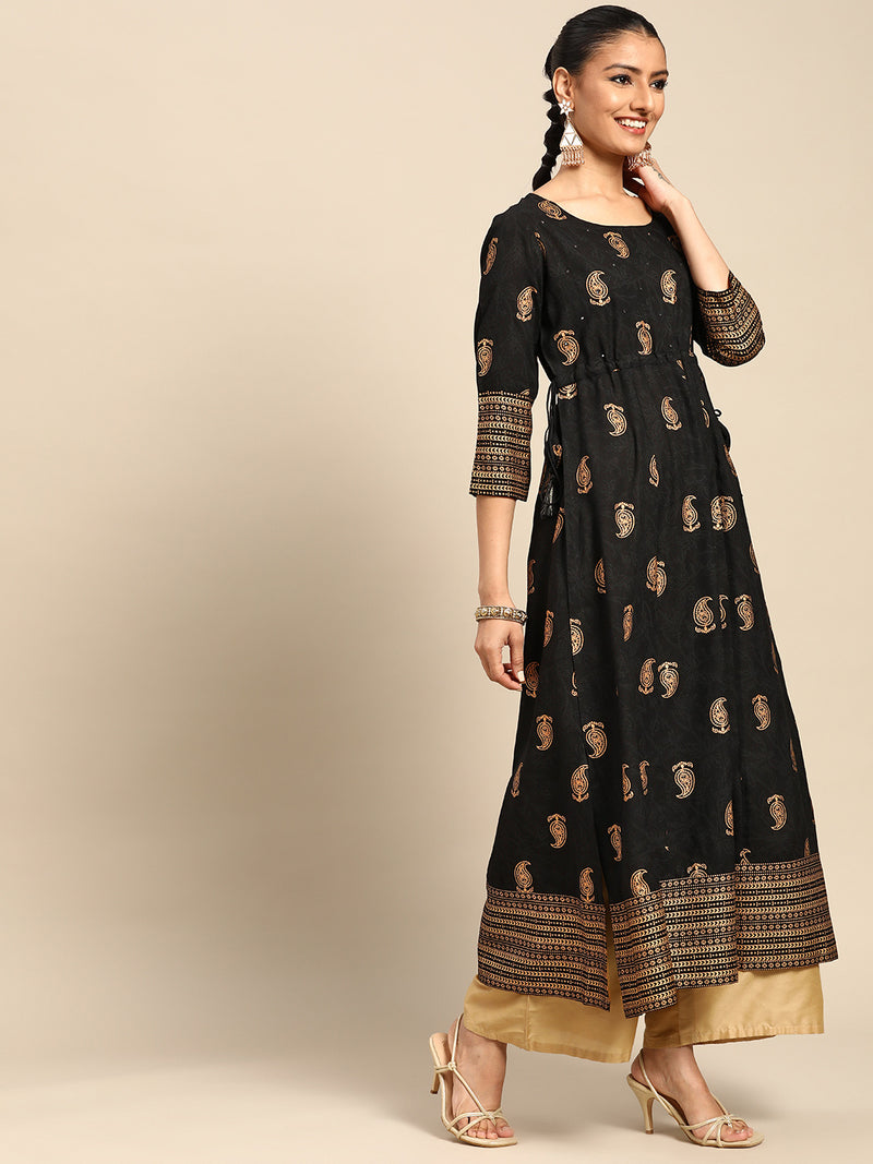 Black Printed Rayon Kurta