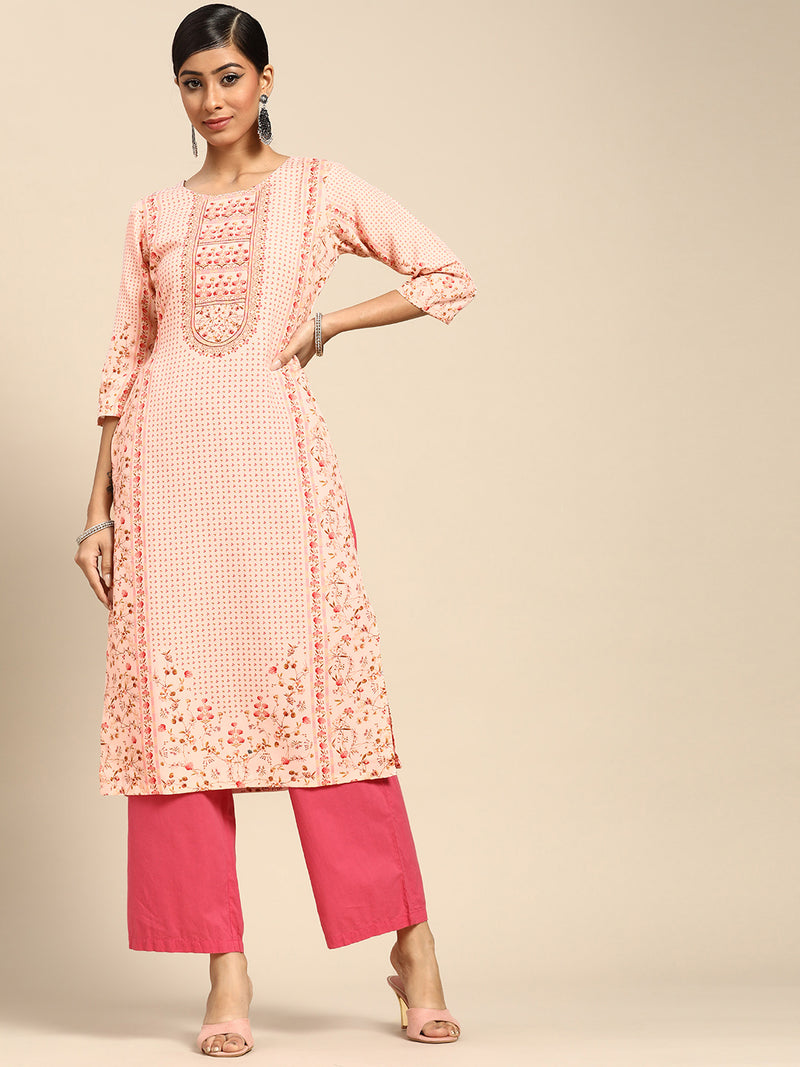 Pink Printed Rayon Kurta
