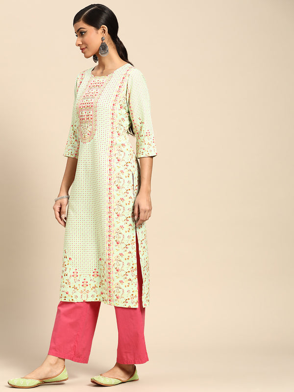 Sea Green Printed Rayon Kurta