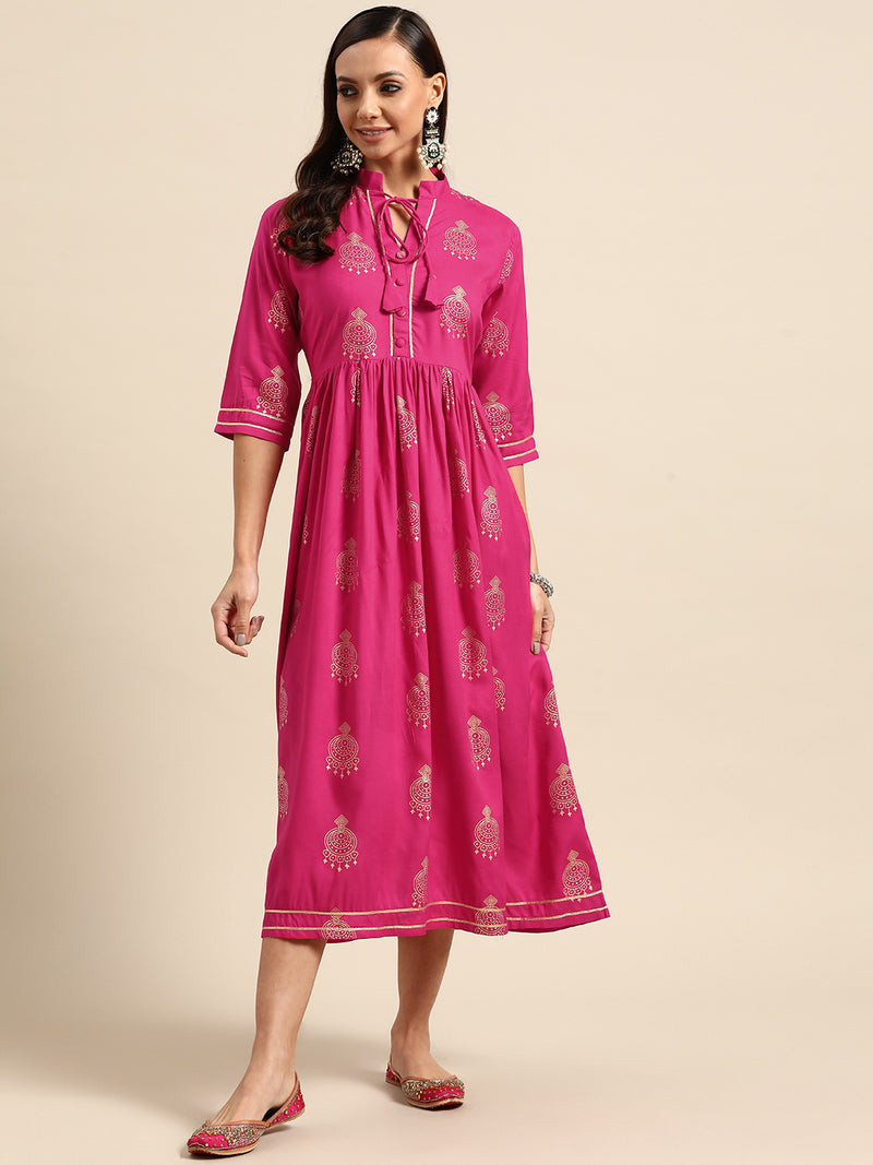 Pink Printed Rayon Dress