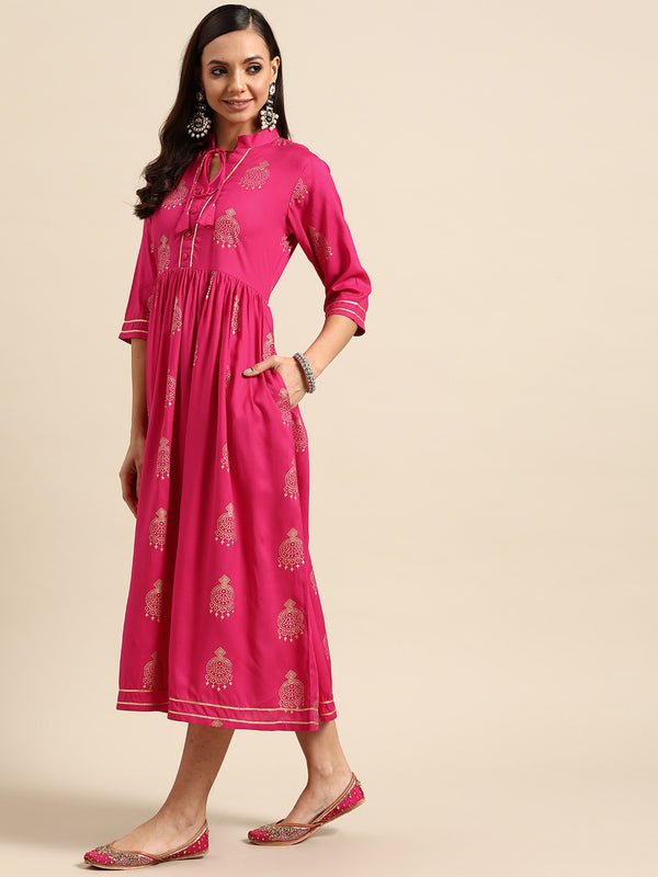 Pink Printed Rayon Dress