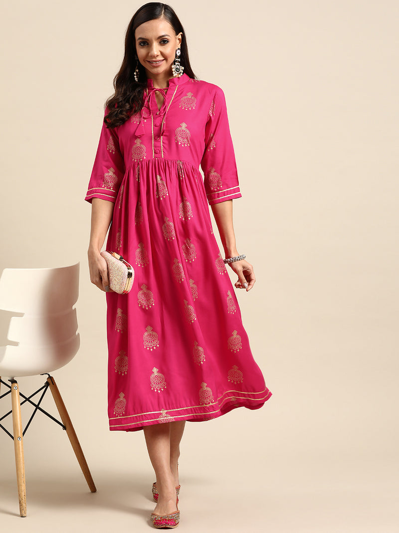 Pink Printed Rayon Dress