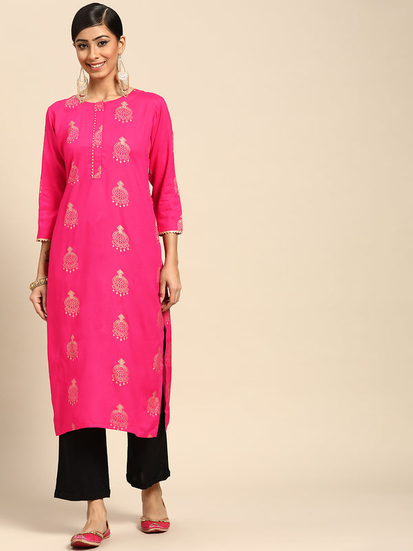 Pink Printed Rayon Kurta