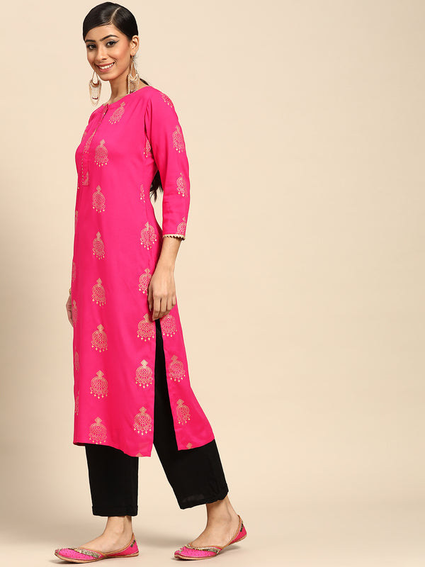 Pink Printed Rayon Kurta