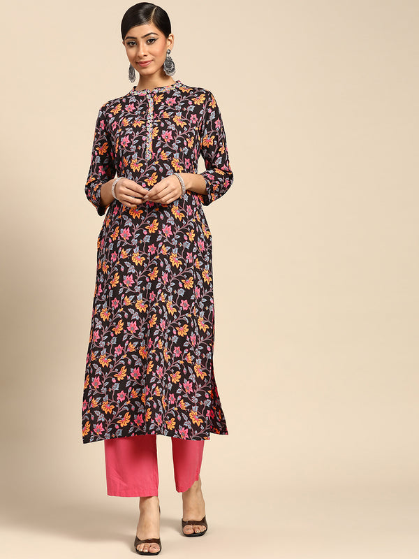Black Printed Rayon Kurta