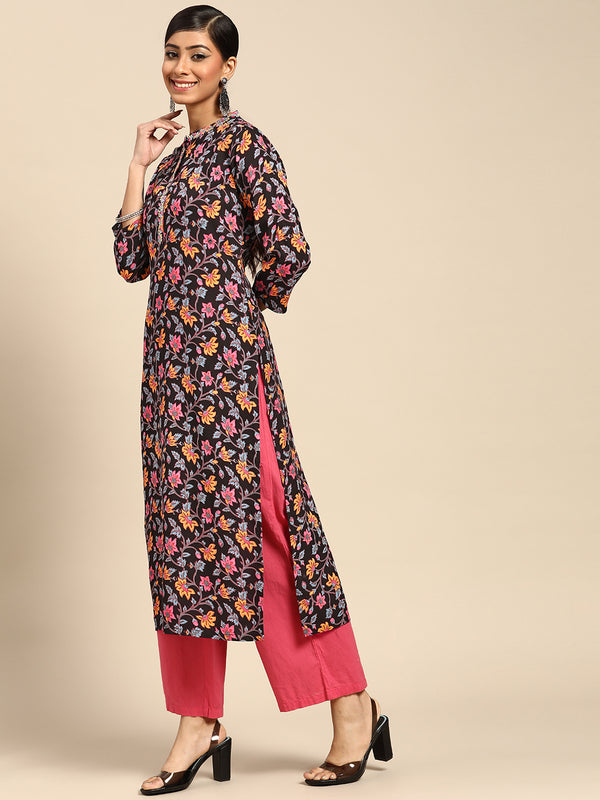 Black Printed Rayon Kurta