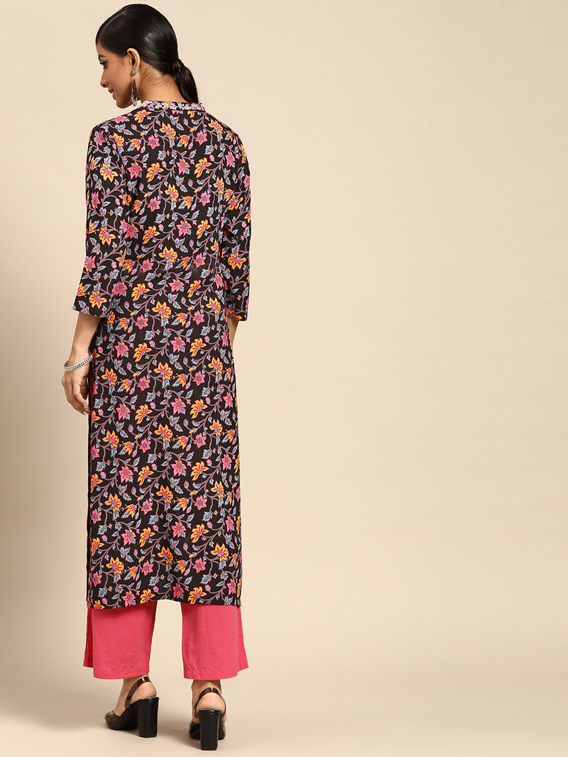 Black Printed Rayon Kurta