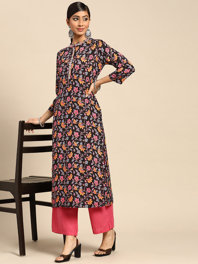Black Printed Rayon Kurta
