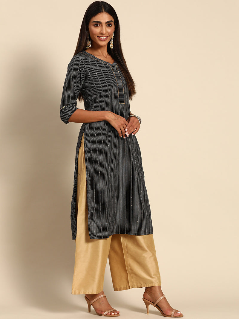 Black Striped Cotton Kurta