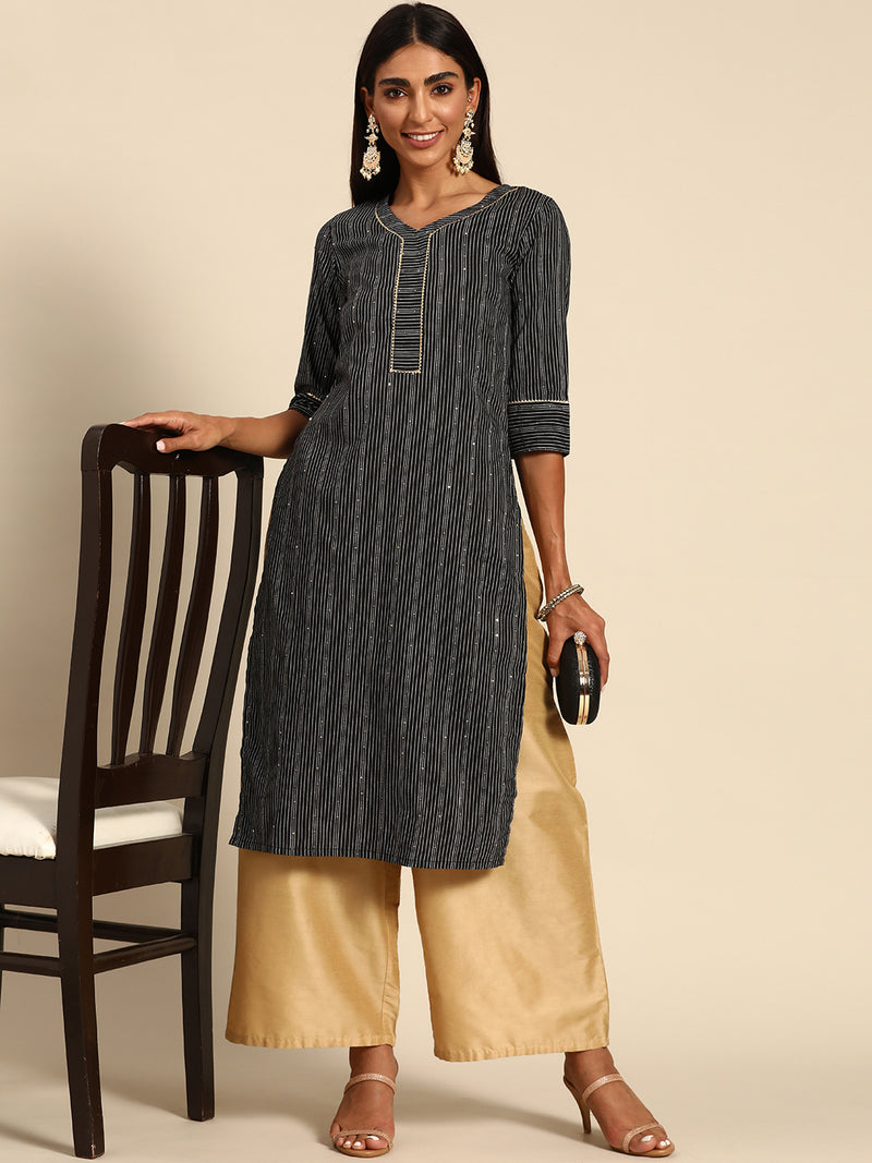 Black Striped Cotton Kurta
