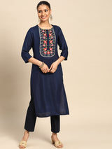 Navy Blue Yoke Design Rayon Kurta