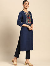 Navy Blue Yoke Design Rayon Kurta
