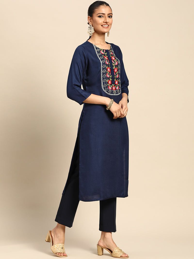 Navy Blue Yoke Design Rayon Kurta