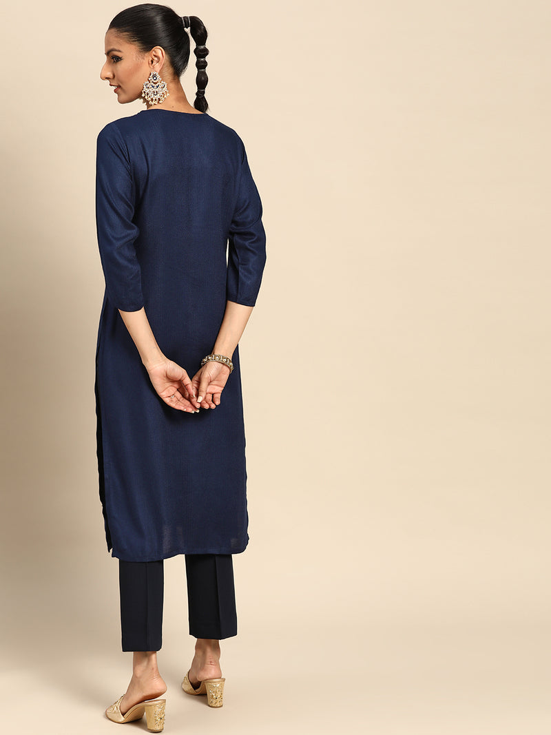 Navy Blue Yoke Design Rayon Kurta