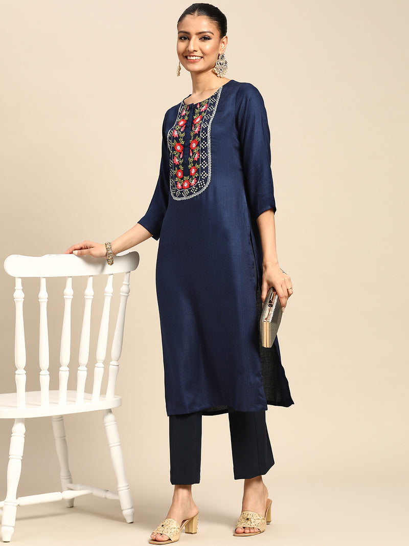 Navy Blue Yoke Design Rayon Kurta