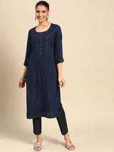 Navy Blue Yoke Design Rayon Kurta
