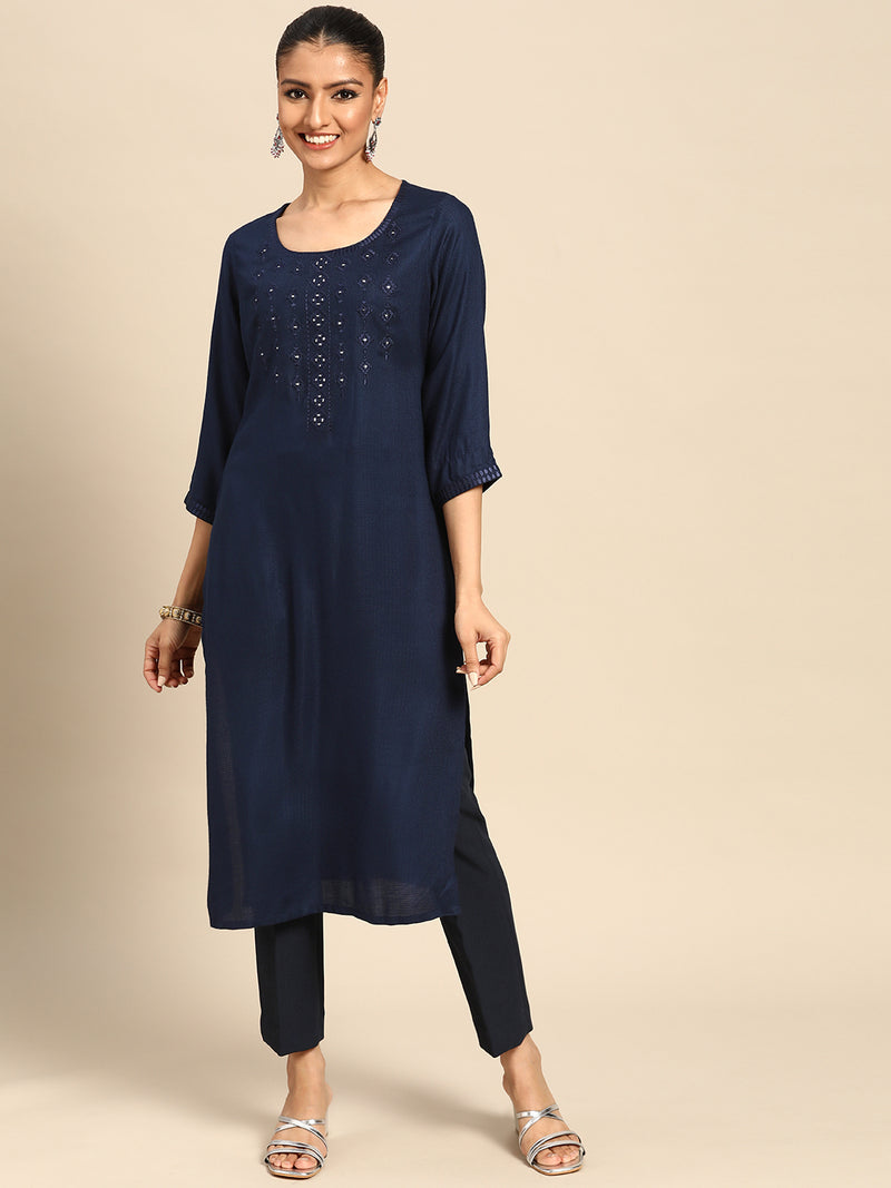 Navy Blue Yoke Design Rayon Kurta