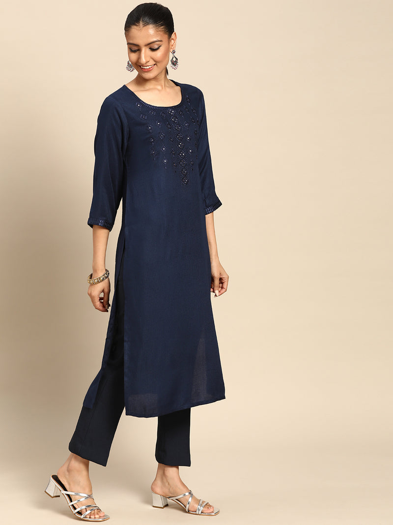 Navy Blue Yoke Design Rayon Kurta