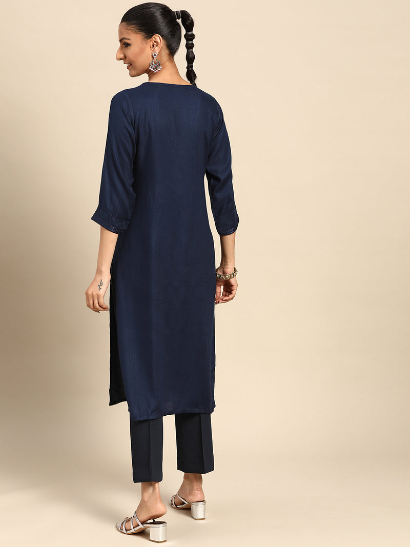 Navy Blue Yoke Design Rayon Kurta