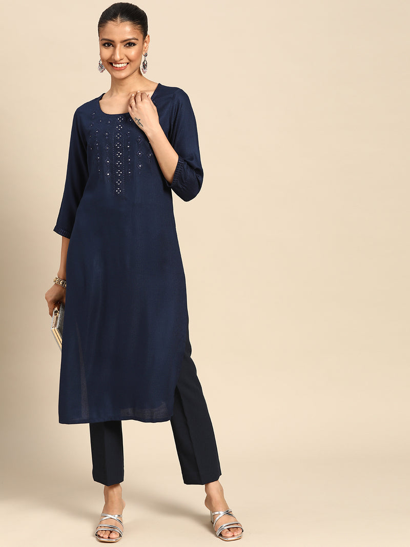 Navy Blue Yoke Design Rayon Kurta