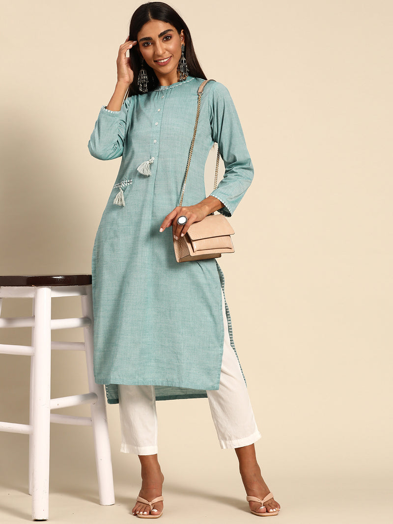 Green Solid Cotton Kurta