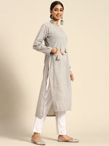 Grey Solid Cotton Kurta