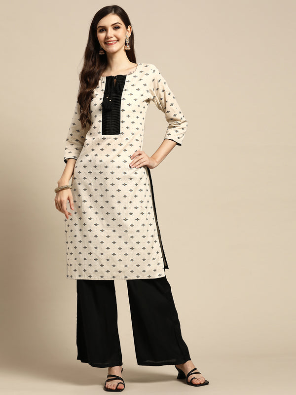 Off White Printed Cotton Kurta