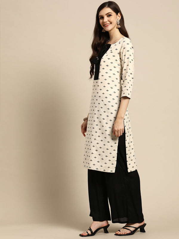 Off White Printed Cotton Kurta