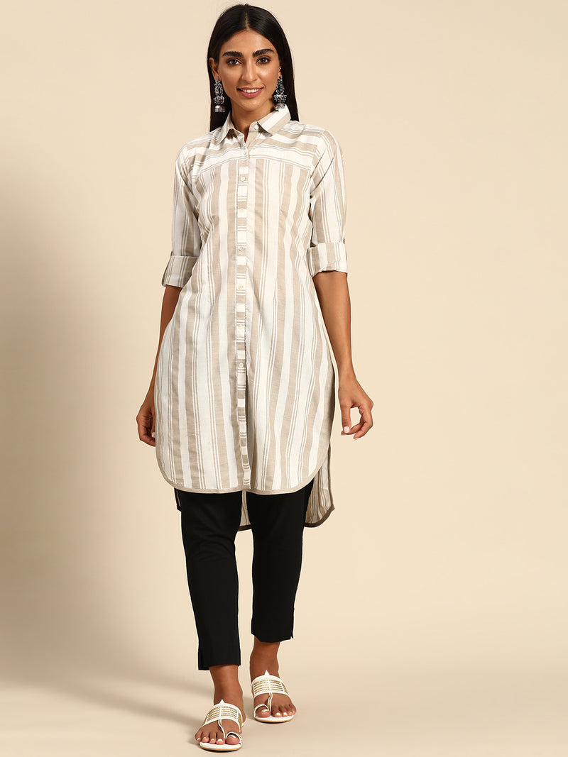 Beige Striped Cotton Kurta