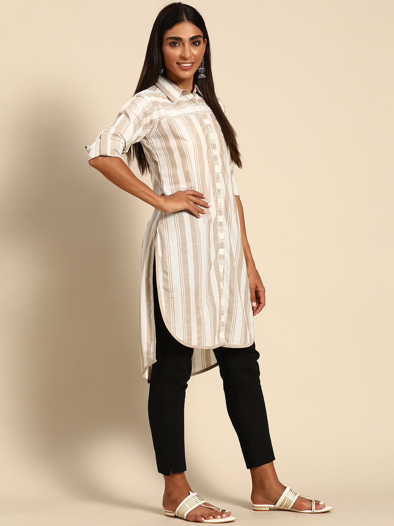 Beige Striped Cotton Kurta