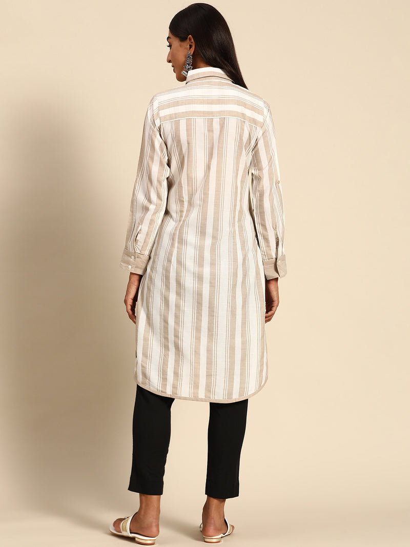 Beige Striped Cotton Kurta