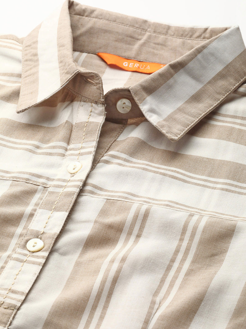 Beige Striped Cotton Kurta