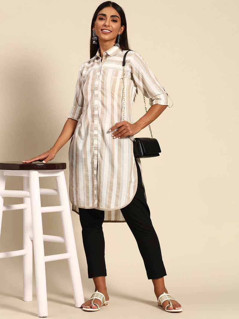 Beige Striped Cotton Kurta