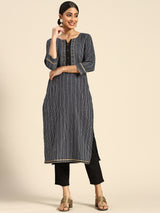 Navy Blue Striped Cotton Kurta