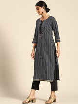 Navy Blue Striped Cotton Kurta