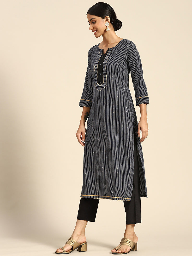 Navy Blue Striped Cotton Kurta