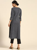 Navy Blue Striped Cotton Kurta