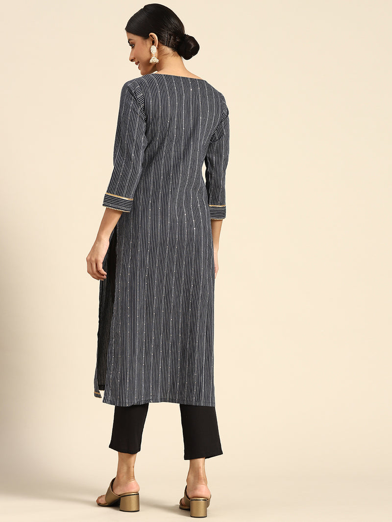 Navy Blue Striped Cotton Kurta