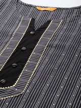 Navy Blue Striped Cotton Kurta