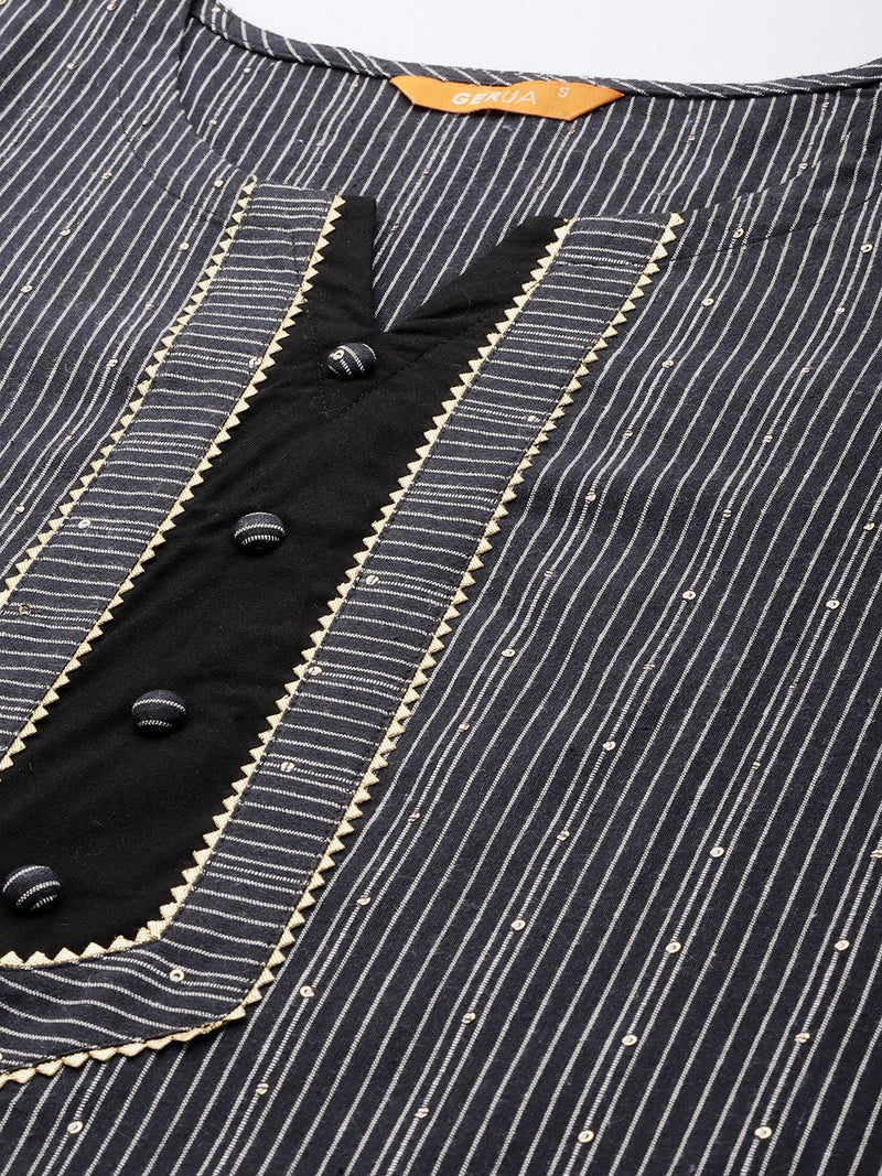 Navy Blue Striped Cotton Kurta