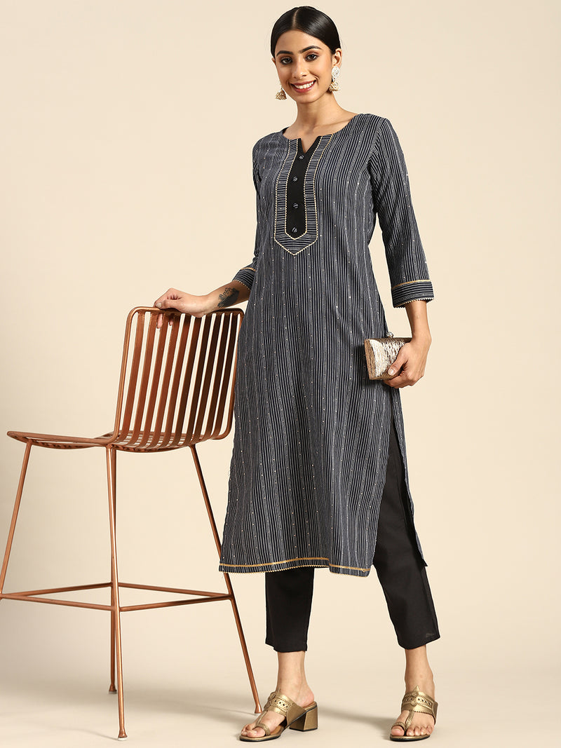 Navy Blue Striped Cotton Kurta