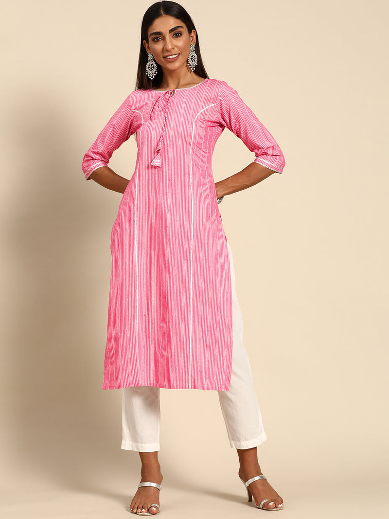 Pink Striped Cotton Kurta