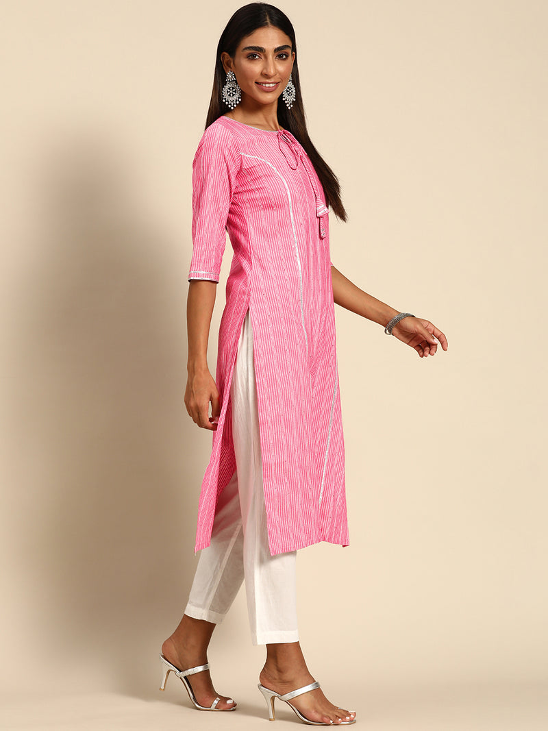 Pink Striped Cotton Kurta