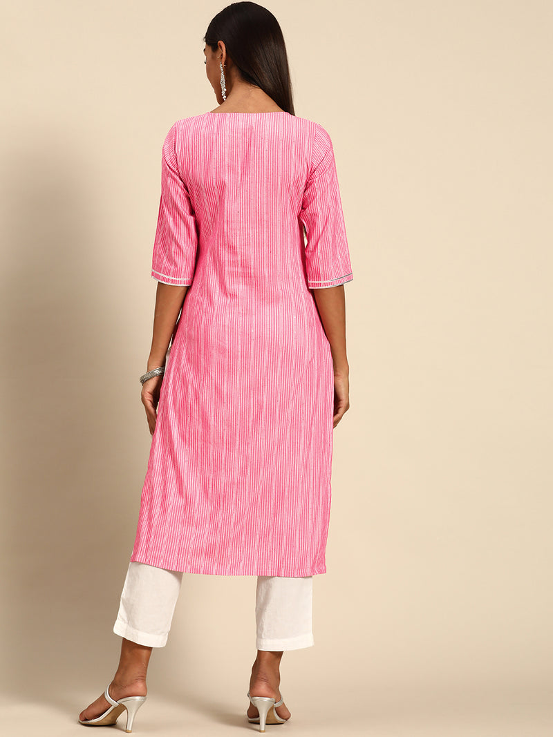 Pink Striped Cotton Kurta