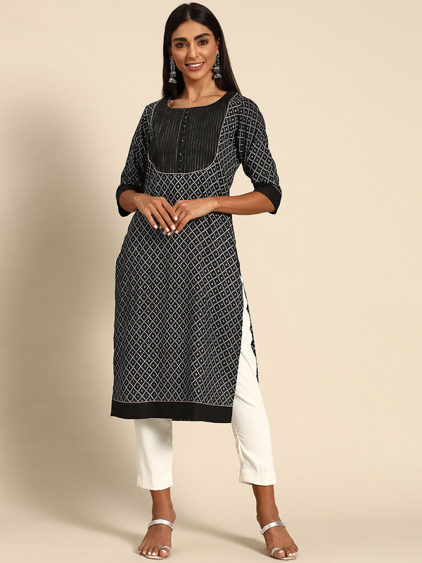 Black Printed Rayon Kurta
