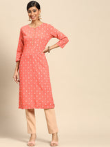 Peach Printed Rayon Kurta
