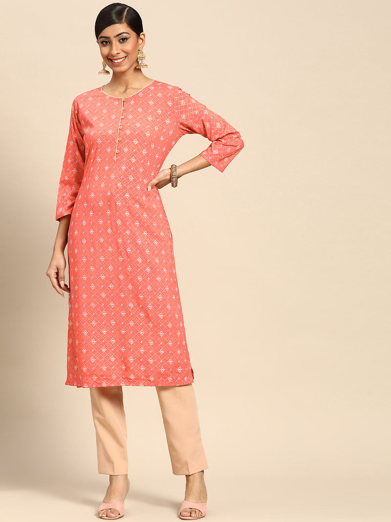 Peach Printed Rayon Kurta